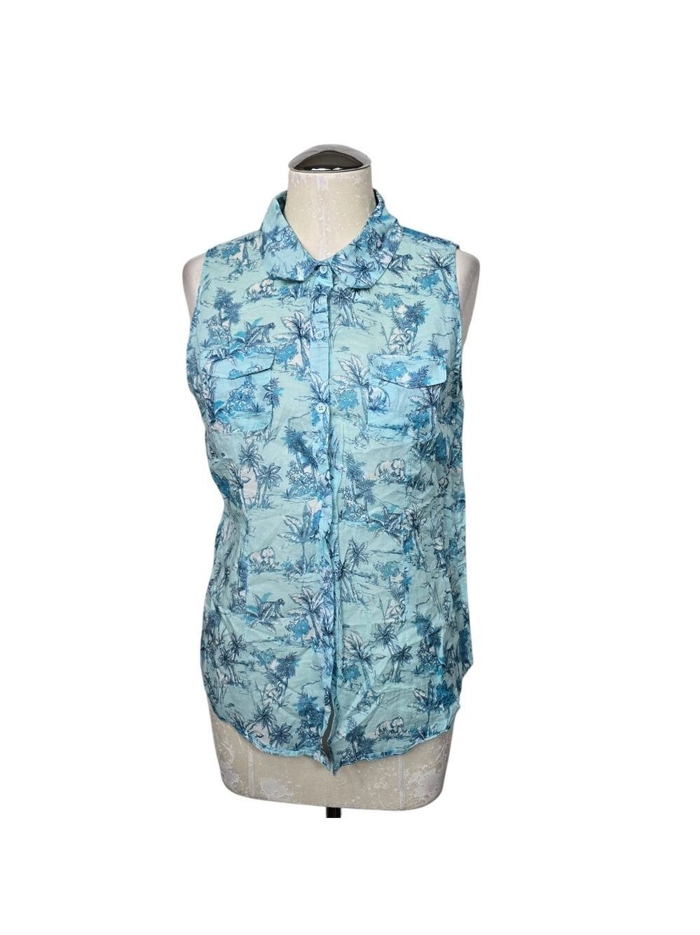 Ecru Sleeveless Button Down Blue Elephant Tiger Jungle Pocket Blouse L